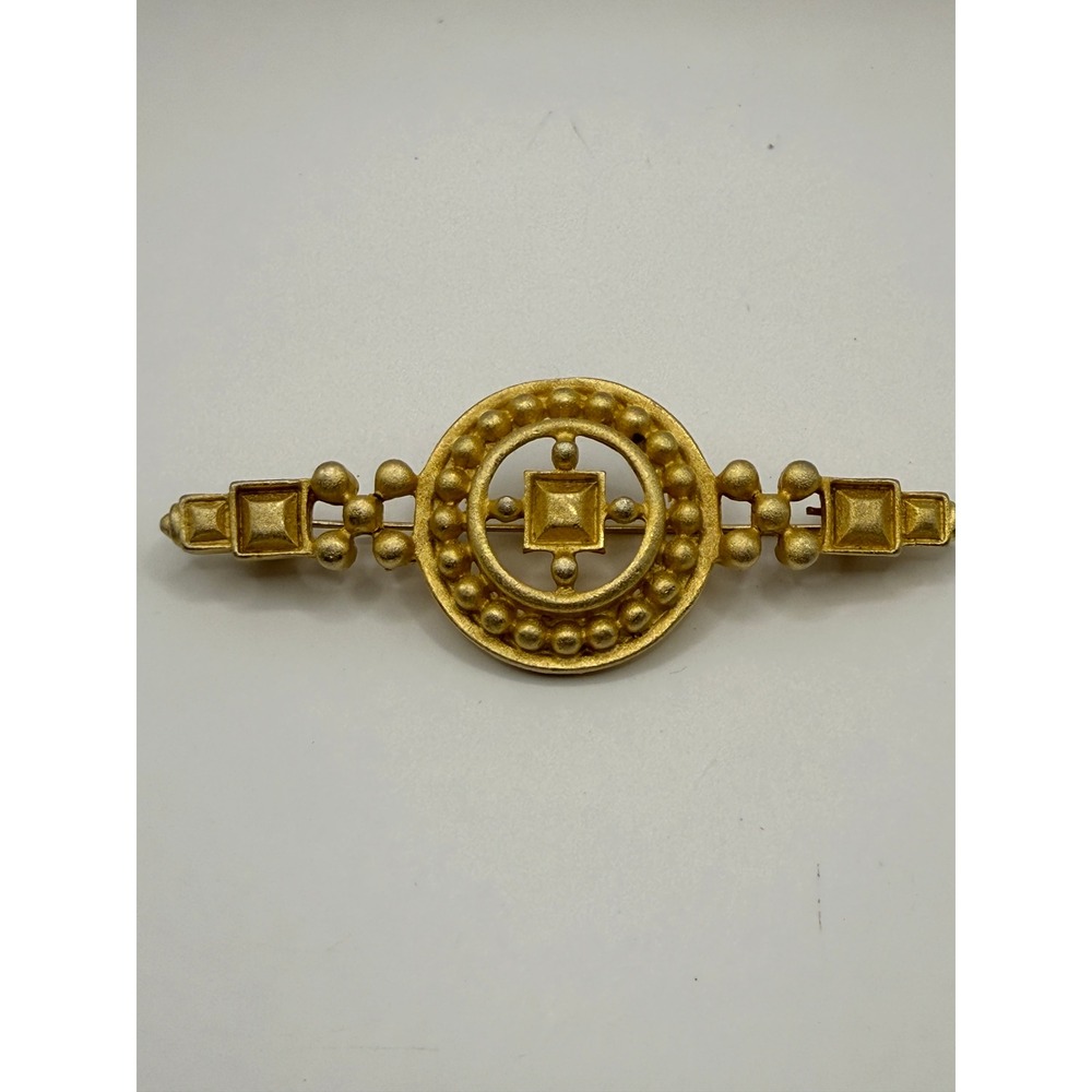 Vintage Matte Gold Tone Geometric Bar Brooch Textured Beaded Design Accessory - Picture 2 of 10